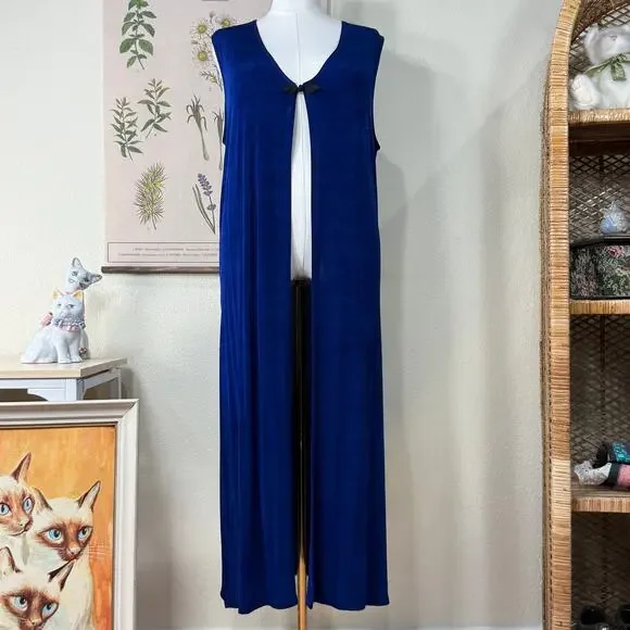 Vintage 80s 90s Blue Slinky Stretch Long Vest Dark Fairy Whimsigoth Witchy L - Picture 2 of 9
